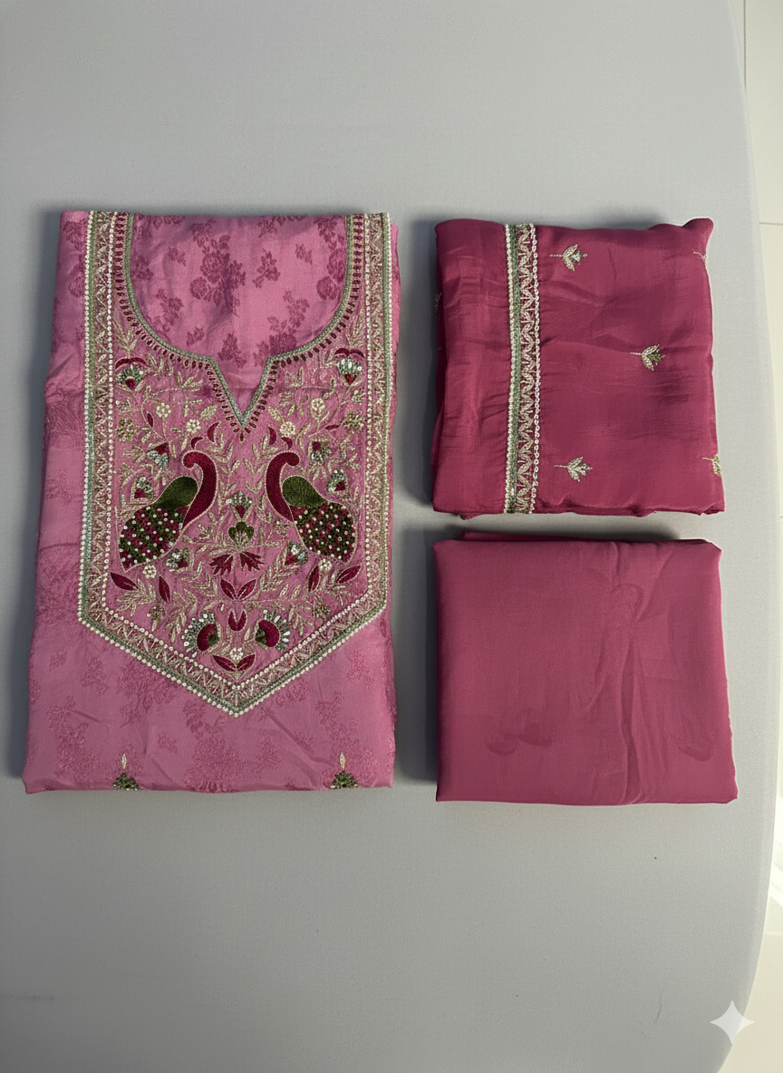 Intricate peacock and floral embroidery on traditional Indian kurta